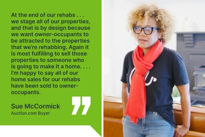 Video still of Auction.com buyer Sue McCormick explaining why she stages rehabs to attract owner-occupant buyers in Dayton, Ohio. 