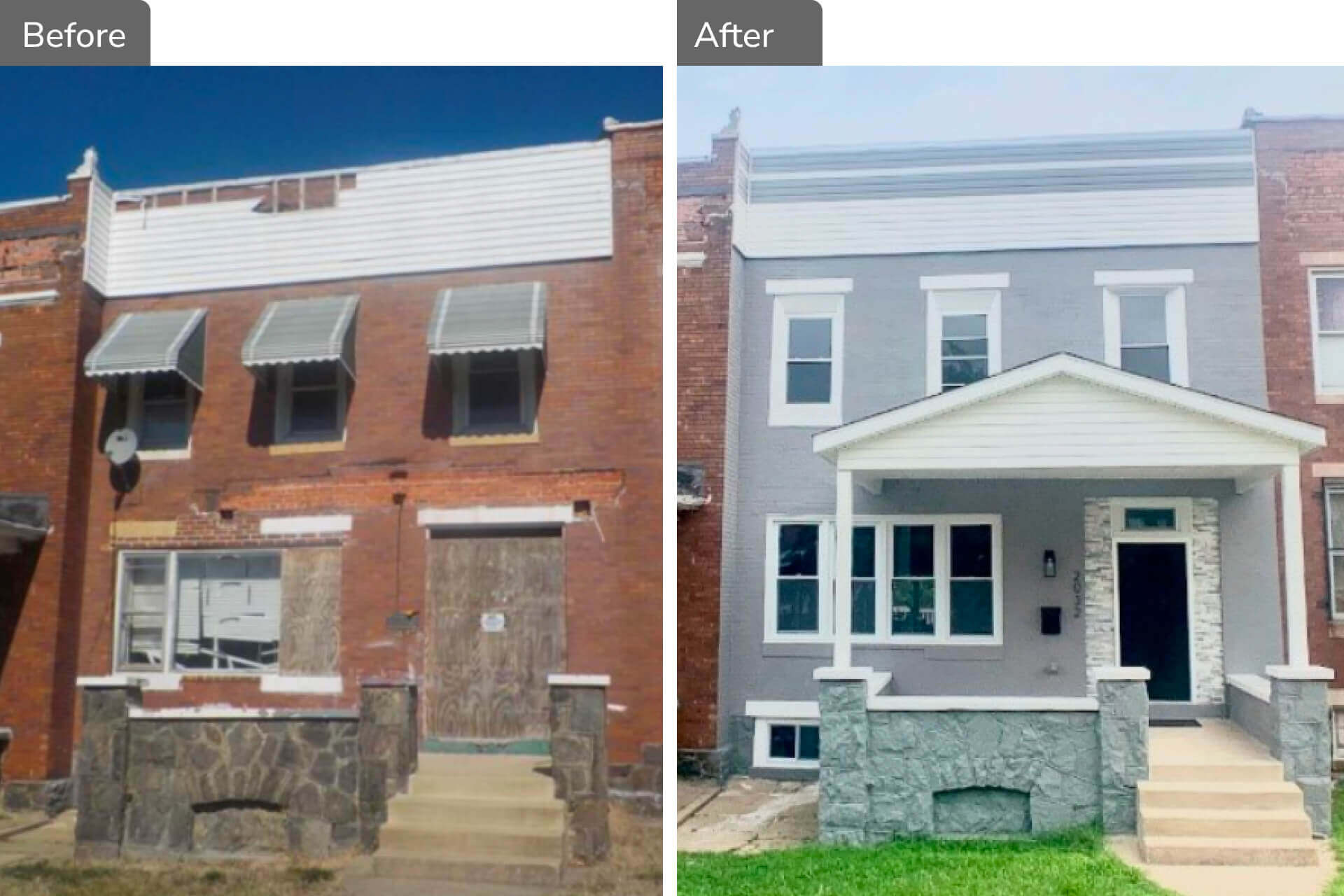 Before and after renovation of a foreclosed Baltimore row house purchased at auction and rehabbed by a local community developer