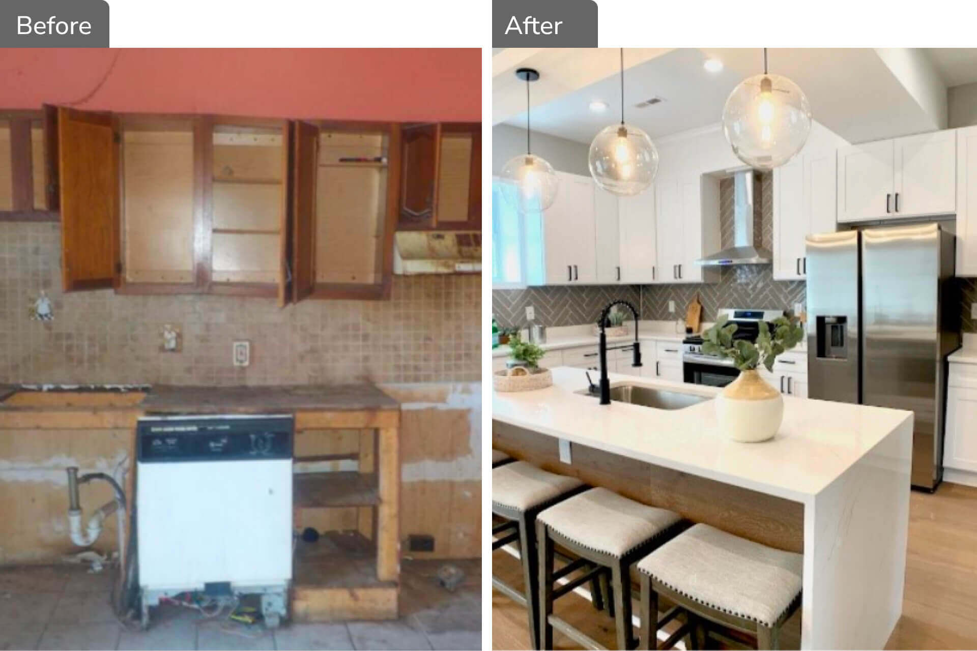 Before and after kitchen renovation of a distressed property purchased at auction, showing gutted cabinets and exposed plumbing transformed into a modern remodeled kitchen