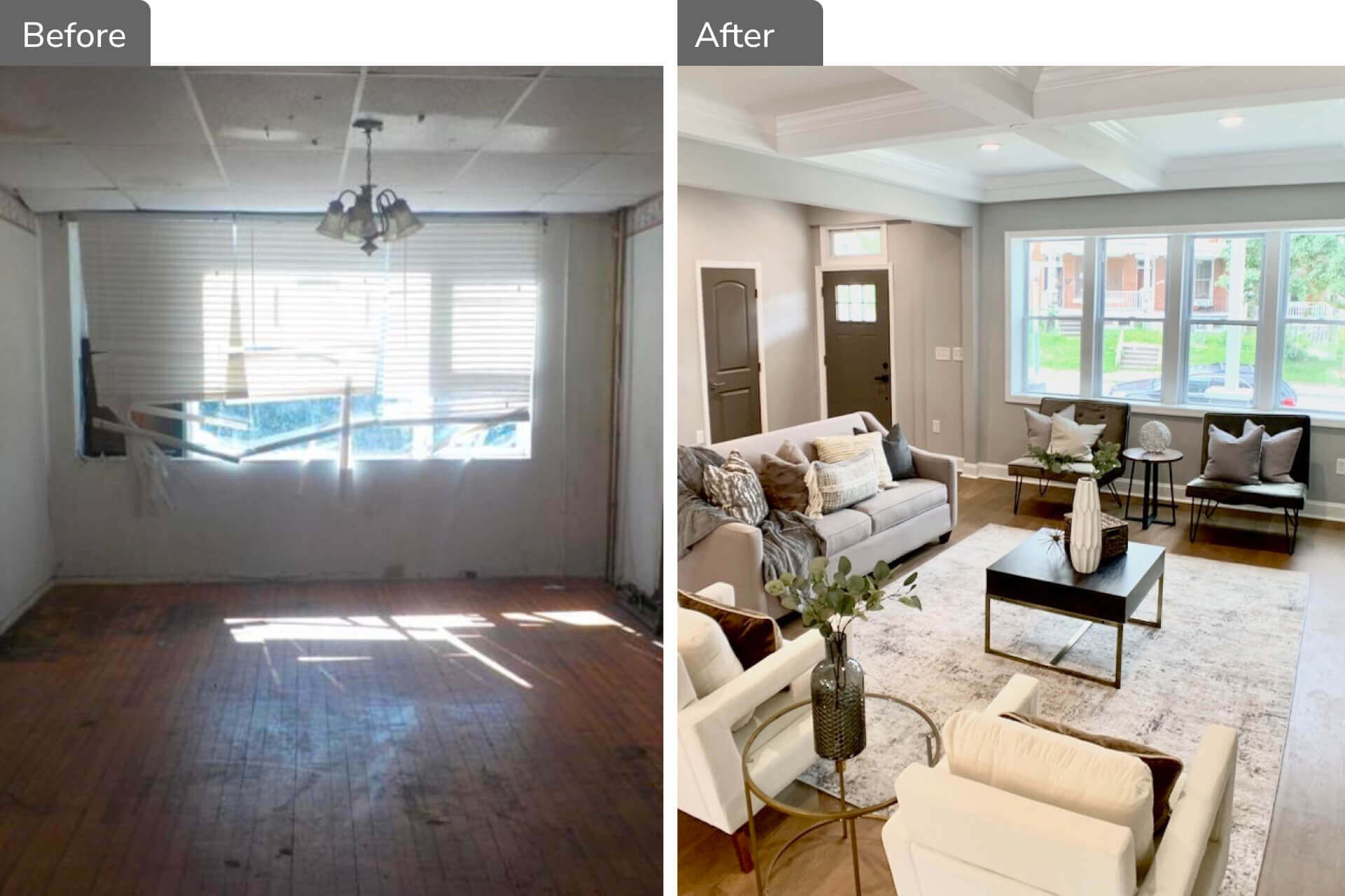 Before and after living room renovation of a distressed property purchased at auction, showing a vacant deteriorated interior transformed into a fully remodeled open living space with coffered ceilings and hardwood floors